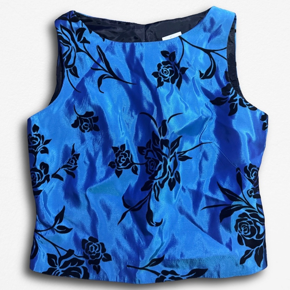 John Roberts Vintage Blue Black Floral Rose Satin Shell Top Blouse Petite 4P‎